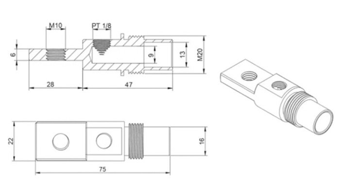 Engineering drawing of a threaded copper connector with mounting features