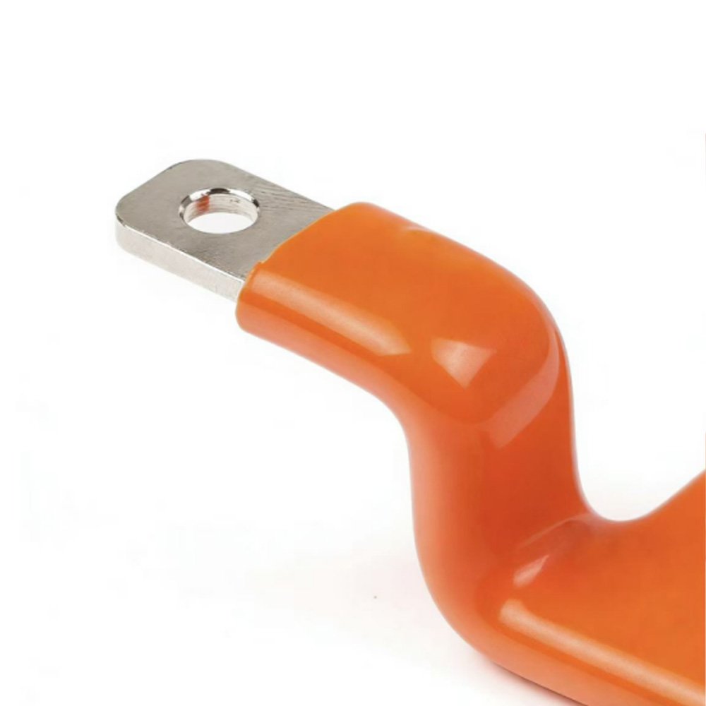 Tinned copper mounting terminal on an orange PVC-dipped busbar