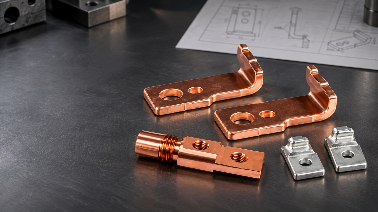 CNC-machined copper terminals and threaded connectors with engineering drawing