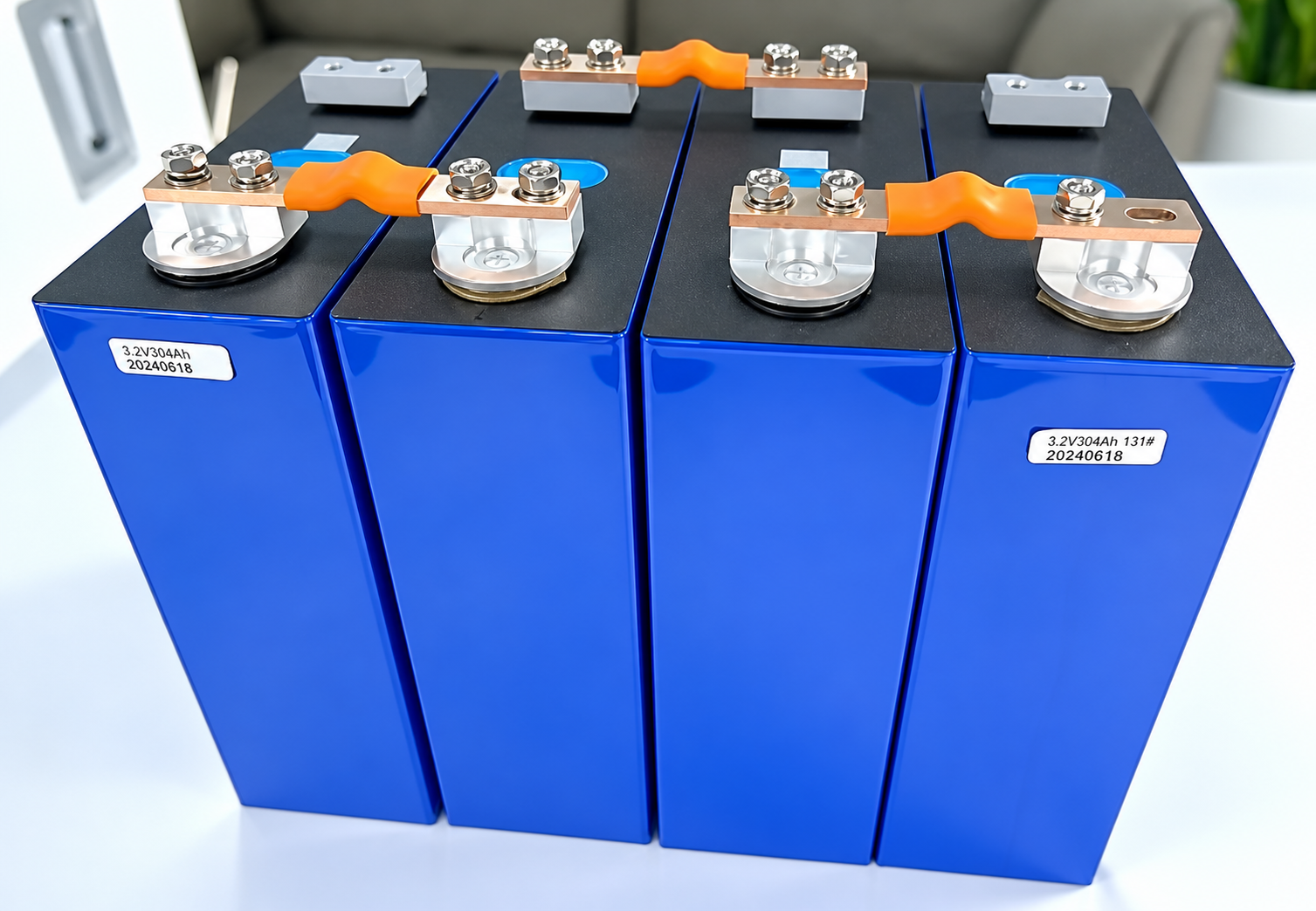 Copper busbar connections fitted to a battery cell assembly