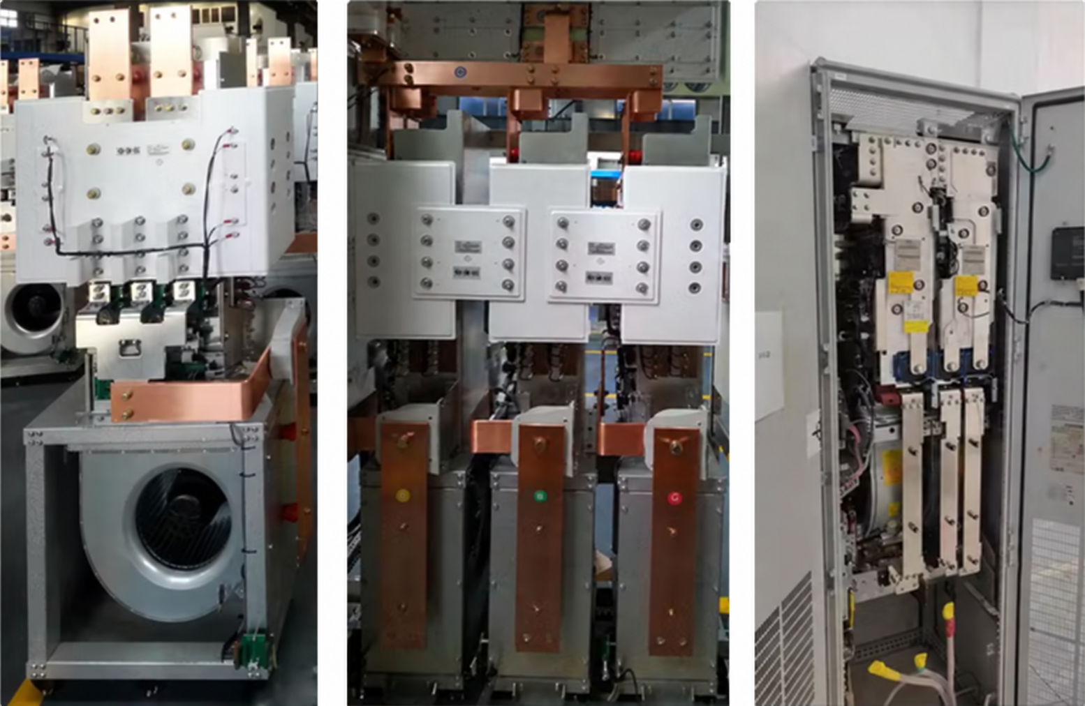 Industrial UPS copper busbar system showing high-current power cabinet installations