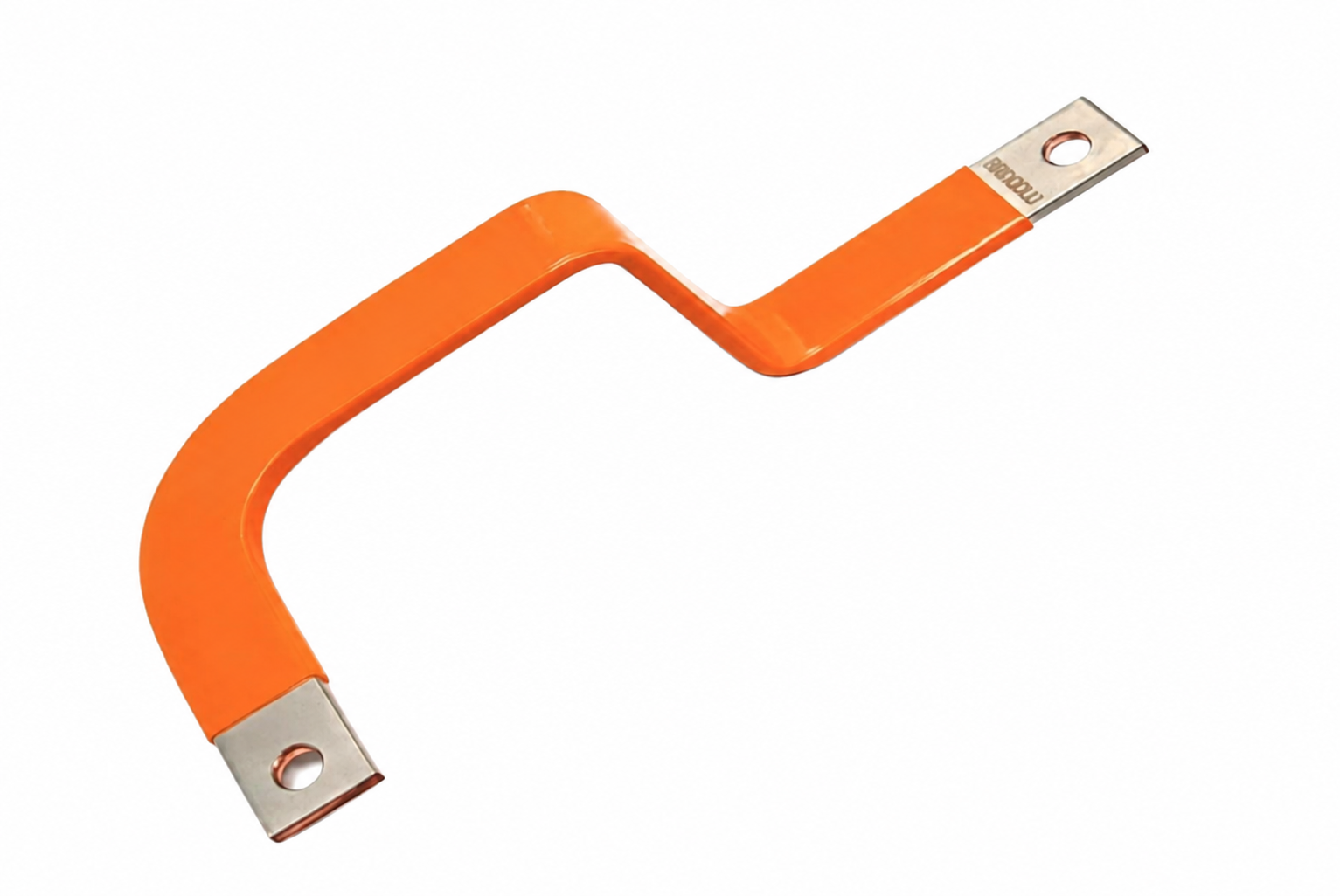 Orange PA12-insulated copper busbar with stepped bends and exposed terminals