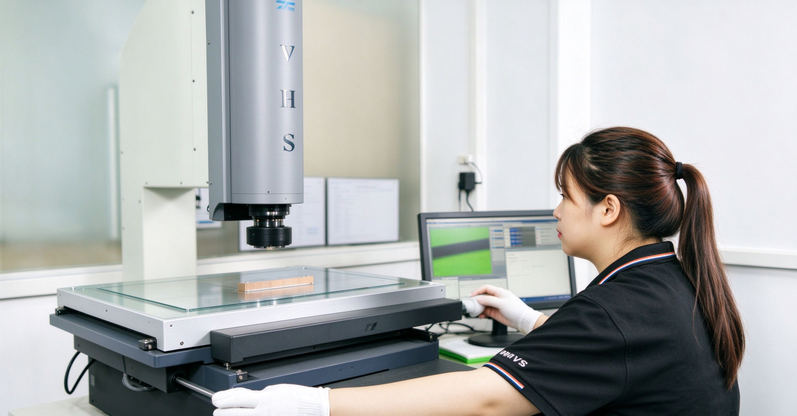 Technician measuring a copper busbar sample with optical equipment during first article inspection