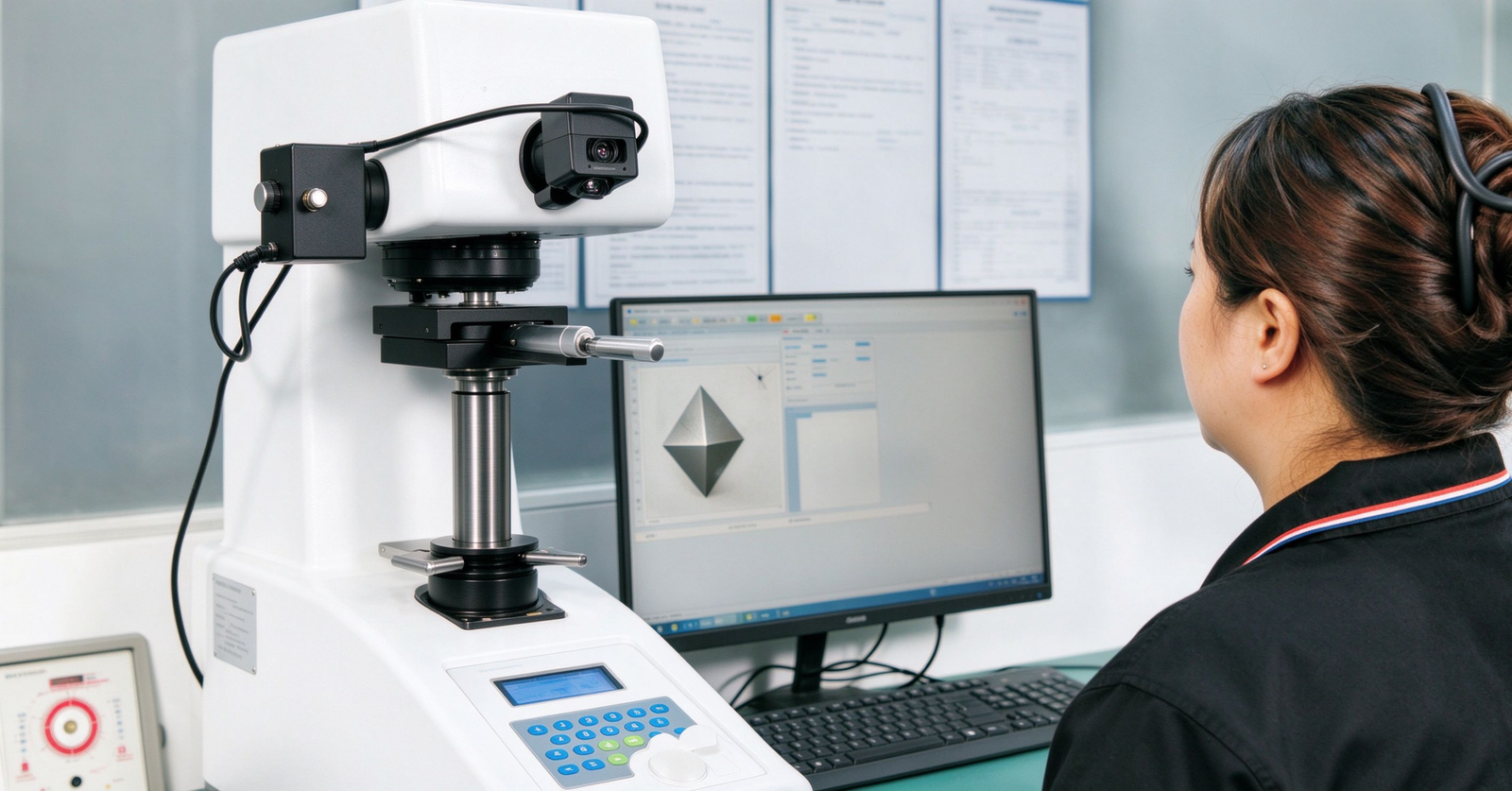 Technician operating a hardness tester for copper busbar quality control