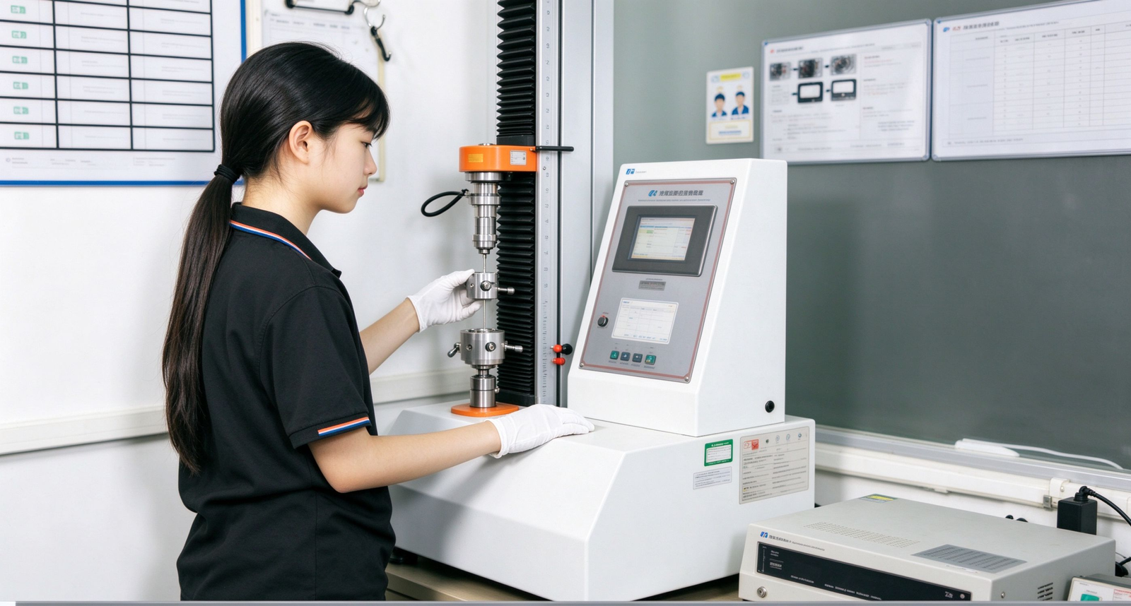 Technician preparing a mechanical strength test using a universal testing machine