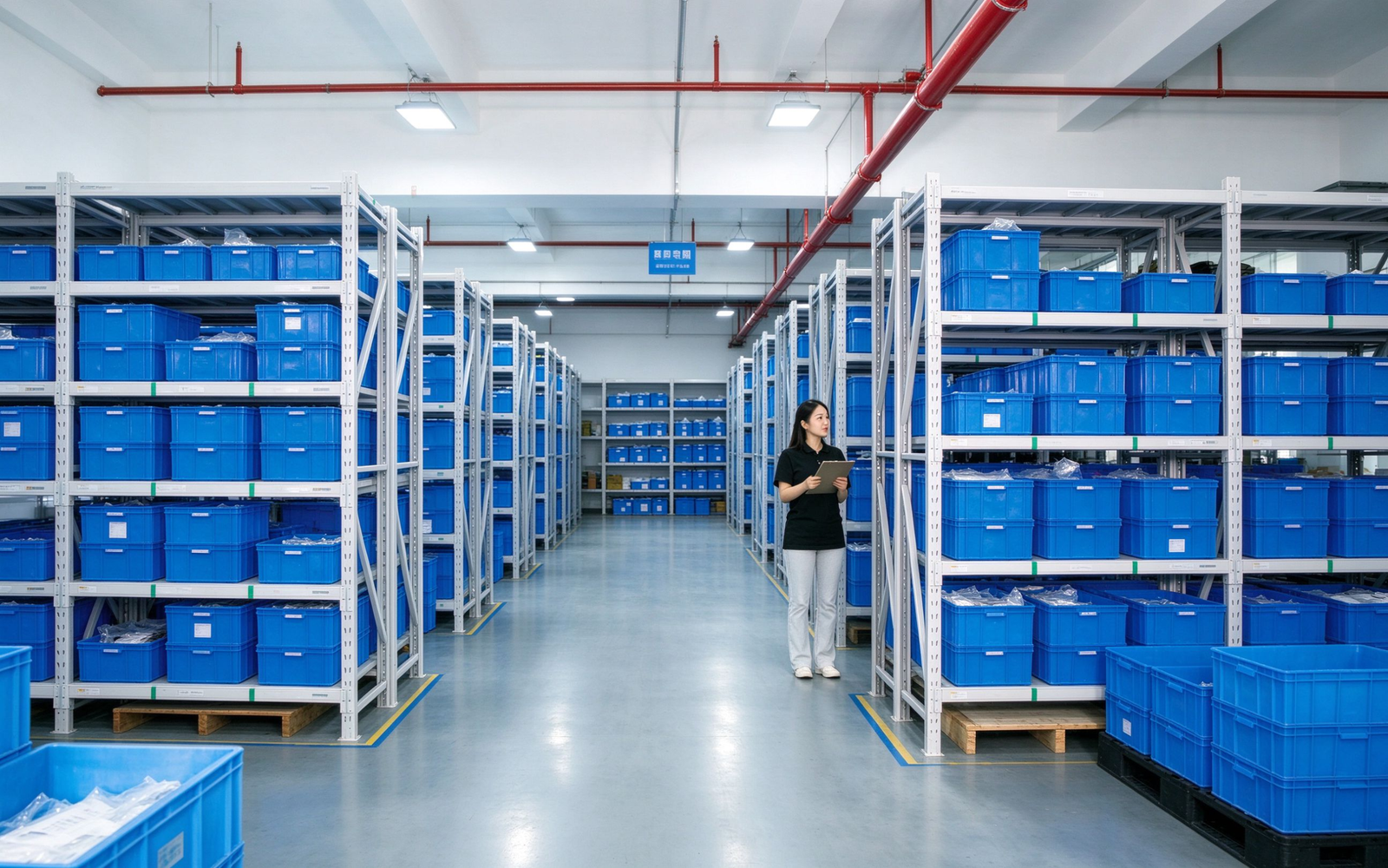 CHENHOTECH warehouse with blue storage bins during outgoing order inspection