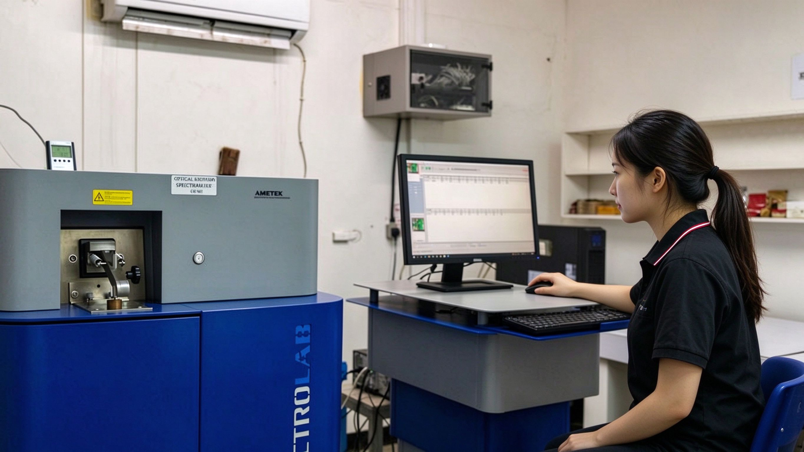 Quality technician using a spectrometer for incoming copper material inspection at CHENHOTECH